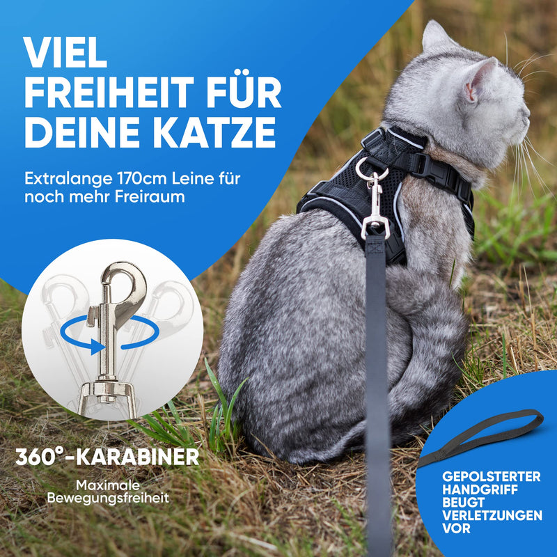 Blue Pawz cat harness with leash - 170cm | Cat harness escape-proof & high quality | Cat leash with harness for cats | Cat harness for unforgettable moments (S), black S - PawsPlanet Australia