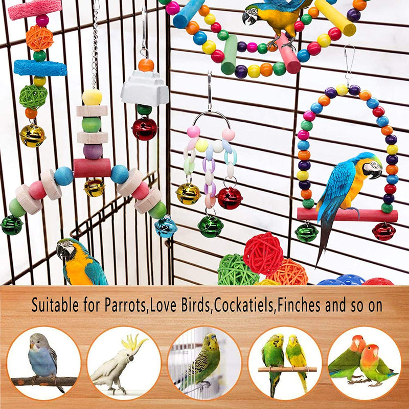 MQUPIN Bird Parrot Swing Toy 14 Pack Upgraded,Swing Chewing Hanging Toys Set Swing Climbing Ladders Sepak Takraw Bell Frosting Stick,for Little Parrots,Love Birds,Cockatiels,Finches(14 Pack) - PawsPlanet Australia