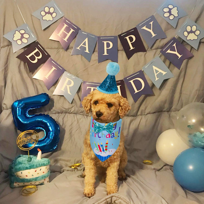 Dog Birthday Bandana Set, Dog Birthday Party Supplies, Birthday Boy Dog Bandana Hat Dog Bow Tie Happy Birthday Banner Dog Boy First Birthday Outfit (Blue) Blue - PawsPlanet Australia