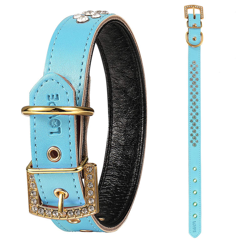 LOVPE Golden Rhinestone Buckle with 3 Rows Personalized Rhinestone Leather Bling Crystal Dog Collar for Dogs Small Medium Breeds (M, Blue) M - PawsPlanet Australia