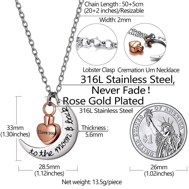 Richsteel Moon Cat/Cross/Angel Wing/Forever in My Heart/Bar/Hourglass Urn Necklace for Women Men Stainless Steel/18K Gold Plated Cremation Jewelry for Human Ashes Waterproof (with Gift Box) 10-Rose Gold Moon Heart no personalized - PawsPlanet Australia