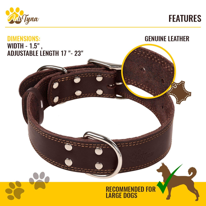 [Australia] - ADITYNA Leather Dog Collar for Small, Medium and Large Dogs - Heavy Duty Wide Dog Collars with Durable Metal Hardware & Double D-Ring - Unique Name Tag Included L: 1,5" width / 17"- 23" length Brown 