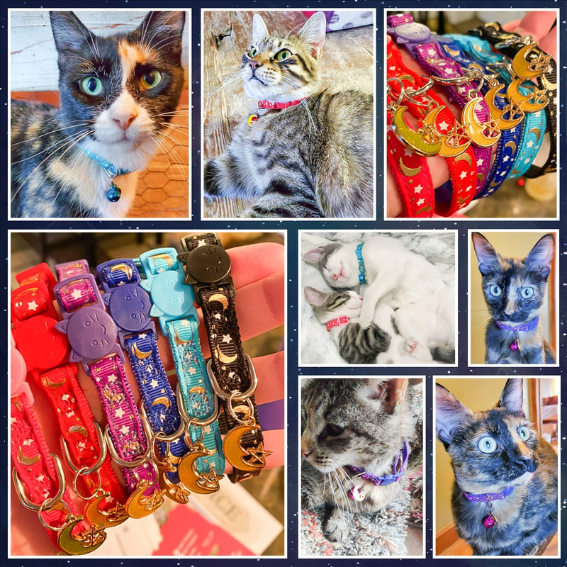 Cat Collar Breakaway with Bells - 6 Pack Glow in The Dark - Stars & Moon Charm Pendent Pet Reflective Collars Ideal for Kitten Cats Puppy - PawsPlanet Australia