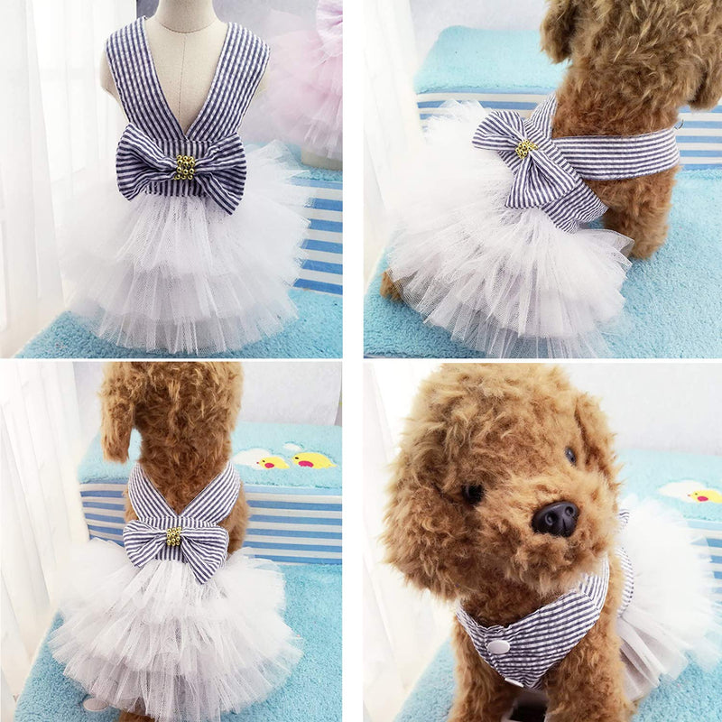 Pet Dog Dress Puppy Cats Tutu Fancy Cute Striped Mesh Vest Princess Petite Doggy Bowknot Dresses for Pomeranian Chihuahua Small Breed Dogs Skirt Puppies Clothes Supplies Blue XS - PawsPlanet Australia