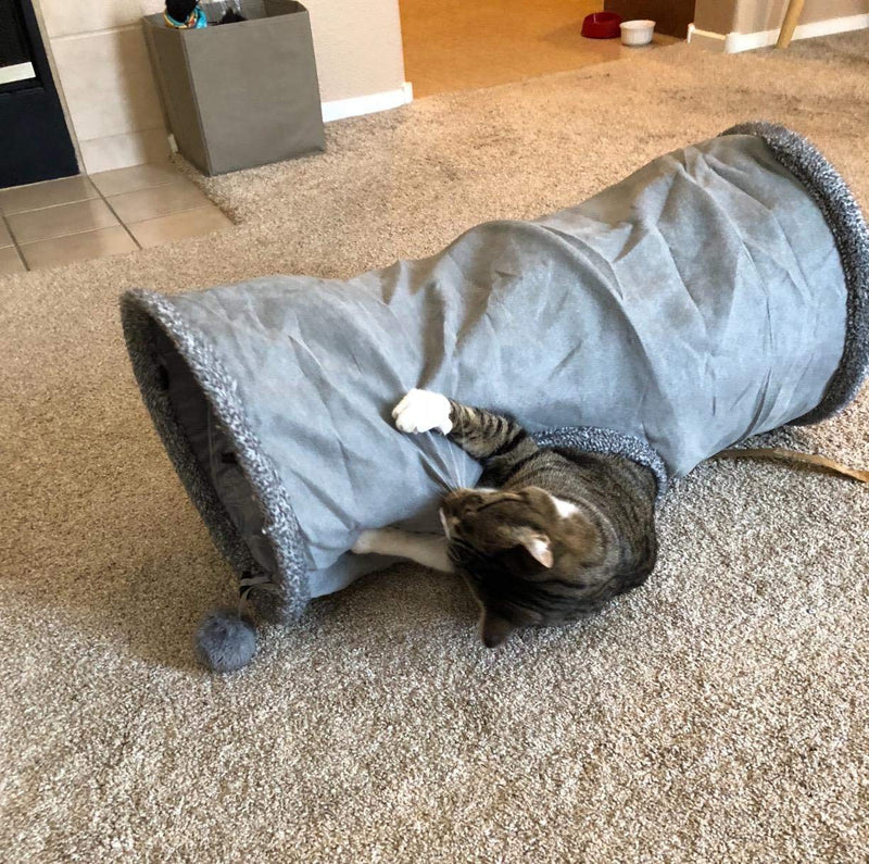 [Australia] - LeerKing Collapsible Cat Tunnel, 1/2 Window Cat Play Tube Toy for Large Cats with Scratching Ball Crinkle Paper M (26.3"x 11.8") Grey 