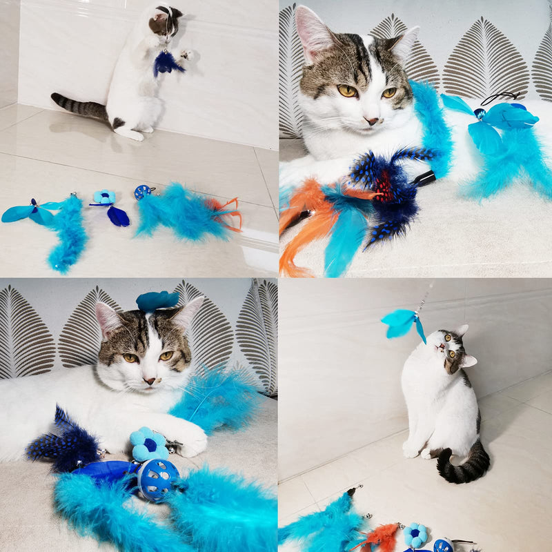 TIENAILING Feather Teaser Cat Toys 1 PCS Retractable Cat Toys Wand and 7 PCS Replacement Refills Feathers Catcher with Bells Interactive Teaser Funny Exercise for Kitten Cats Blue - PawsPlanet Australia
