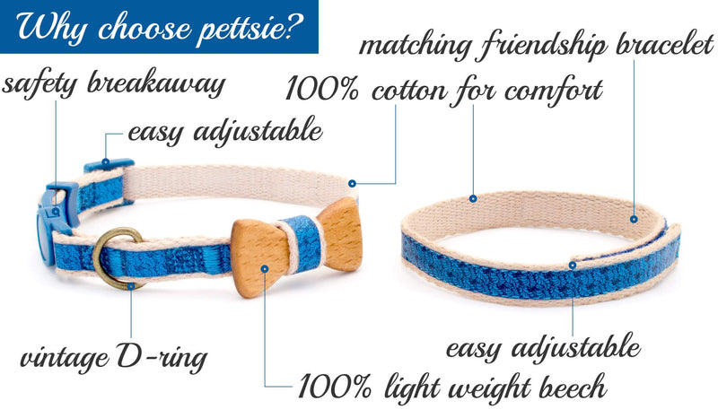 [Australia] - Pettsie Breakaway Cat Collar Bowtie and Friendship Bracelet, Gift Box Included, Durable 100% Cotton, D-Ring for Accessories, Light Weight, Comfortable, Soft, Adjustable Size 8-11 Inch Blue 