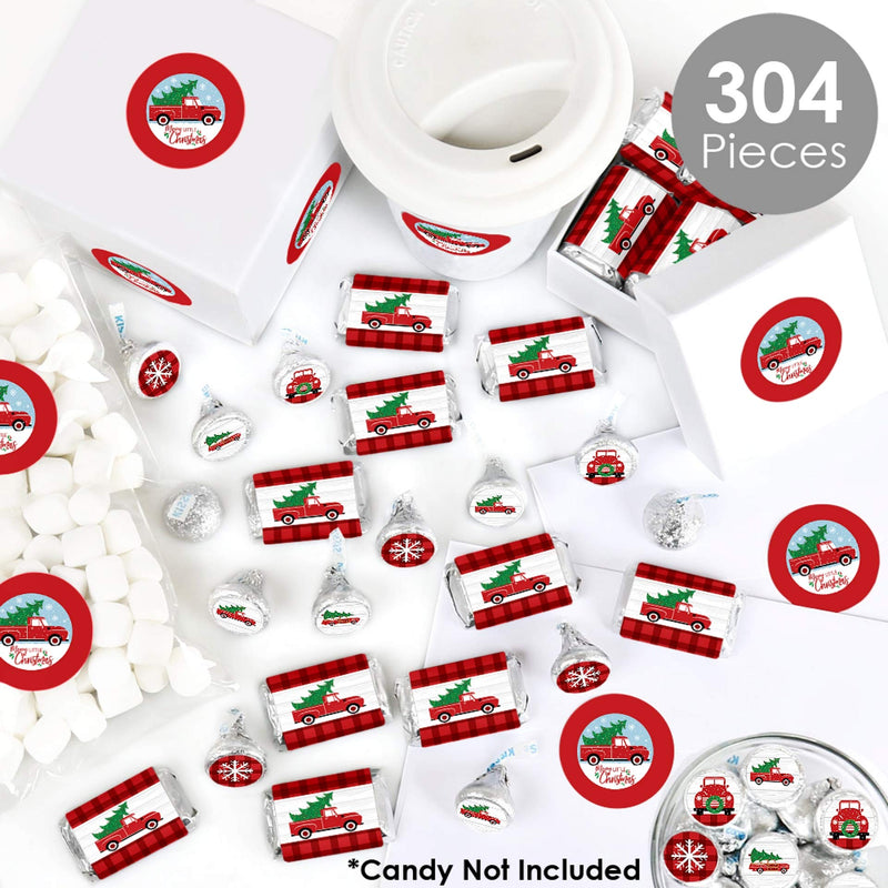 Big Dot of Happiness Merry Little Christmas Tree - Mini Candy Bar Wrappers, Round Candy Stickers and Circle Stickers - Red Truck and Car Christmas Party Candy Favor Sticker Kit - 304 Pieces - PawsPlanet Australia