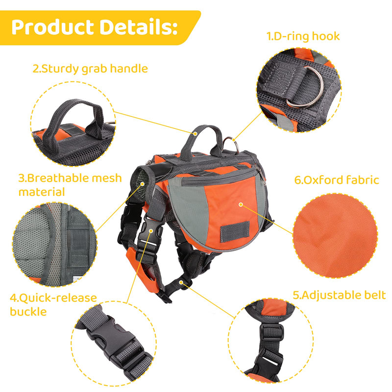 MIGOHI Dog Backpack, Durable Doggy Saddle Bag with Reflective Strip & 2 Side Pockets, Polyester Breathable Pet Camping Hiking Travel Pack for Medium Large Dogs L Orange - PawsPlanet Australia