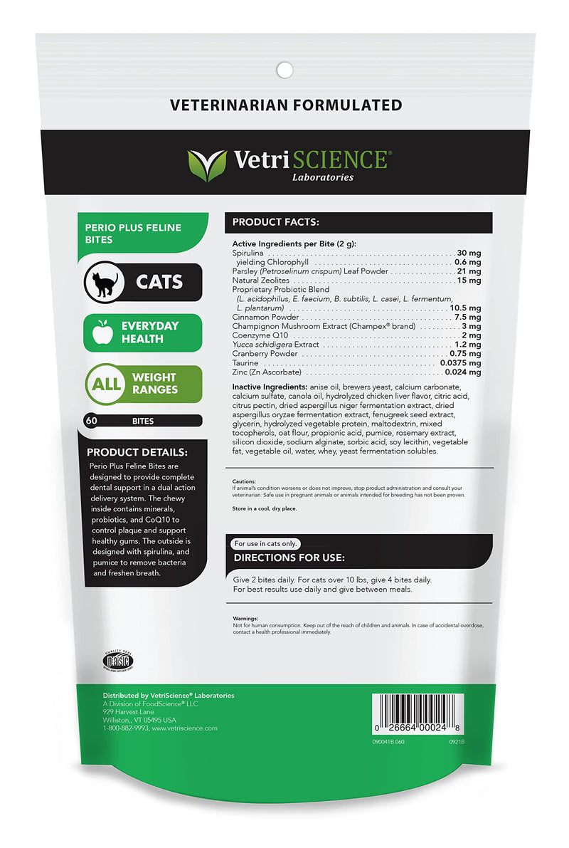 VETRISCIENCE Perio Plus Crunchy Teeth Cleaning Treats for Cats - Fresh Breath and Gums - Plaque Control - Vet Recommended, Green, 60 Chews (090041B.060) - PawsPlanet Australia