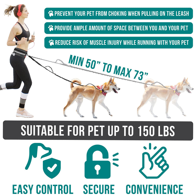 PetAmi Hands Free Dog Leash, Dog Running Leash Belt for Walking, Jogging, Dog Waist Zipper Pouch with Poop Bag Dispenser, Dual Padded Handles, Reflective Durable Bungee Leash, Single 1 Leash Charcoal Grey - PawsPlanet Australia