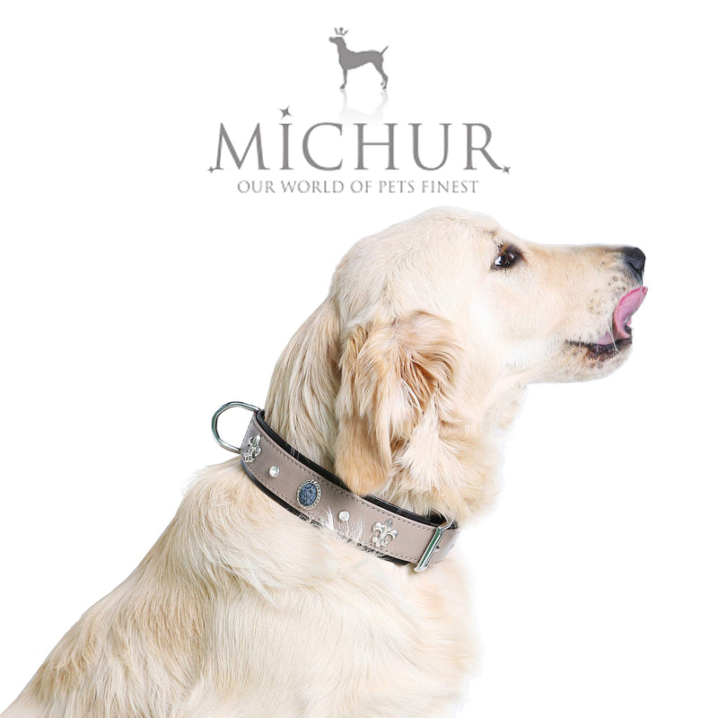 MICHUR Rodrigo dog collar leather, dog leather collar, collar, taupe, gray-black, LEATHER, with lilies, rhinestones and gray marbled stones Neck circumference 20,47-22,83" - PawsPlanet Australia