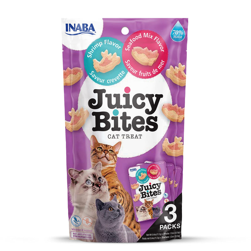 INABA Juicy Bites Cat Treats, Nibble Bags with Juicy Core in Funny Shapes, Bite-Sized Cat Snacks, Shrimp and Seafood Mix, 3x11g Pack of Shrimp & Seafood 11.3 (Pack of 3) - PawsPlanet Australia