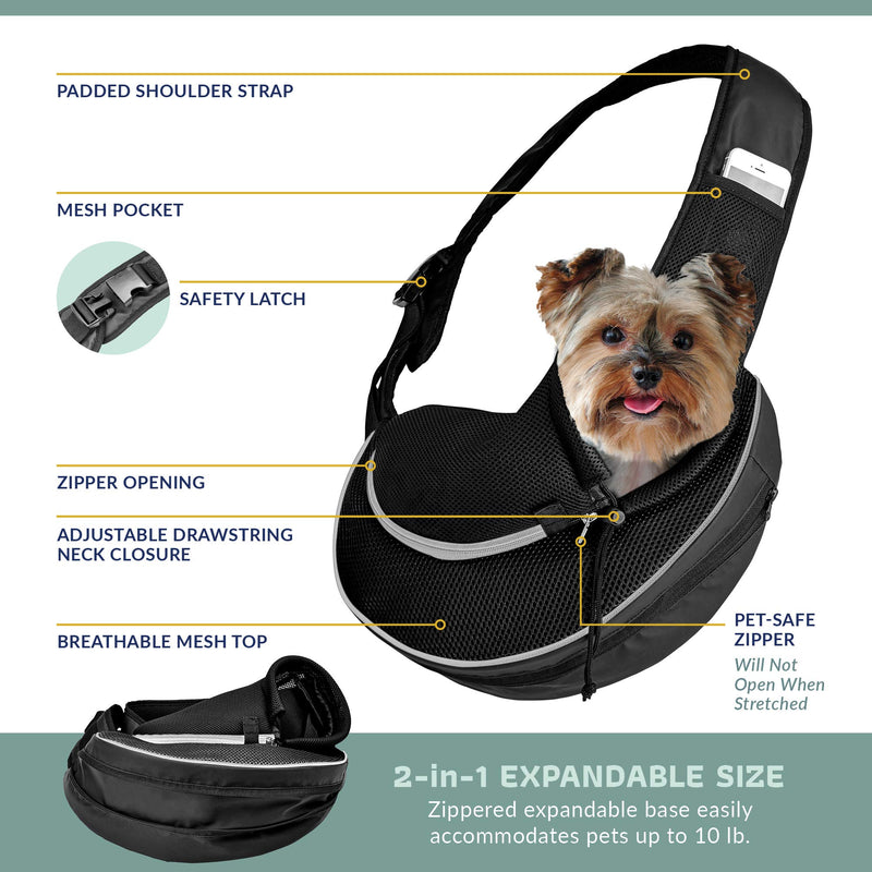 Katziela Pet Carrier Sling Bag - Small Dog, Puppy and Cat Carrier Front Shoulder Backpack w/Harness Strap - Carrying Pouch for ESA, Airline Approved Animal Travel - PU Leather Bottom, Mesh Pocket Black - PawsPlanet Australia