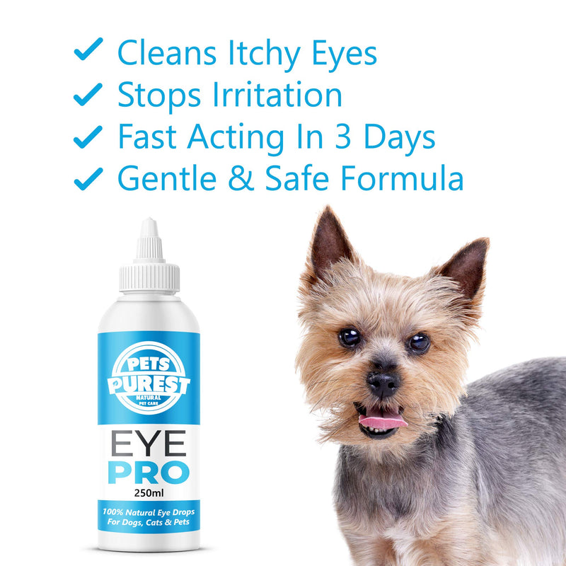 Pets Purest Eye Drops for Dogs, Cats & Pet - 100% Natural Eye Wash Cleaning Treatment Solution for Itchy, Irritated and Watery Eyes. Fast 3-Day Results for Pets and Animals (250ml) - PawsPlanet Australia