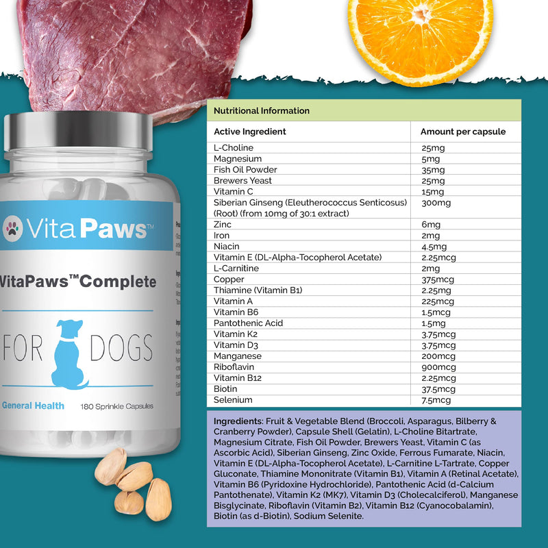 Multivitamins for Dogs | VitaPaws Complete | Includes Vitamin C, Ginseng & L-Carnitine | 180 Sprinkle Capsules Ideal for Fussy Pets | UK Manufactured - PawsPlanet Australia