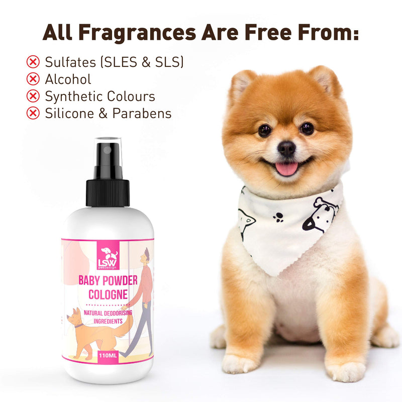 LSW Pet Design Deodorizing Pet Cologne Spray - Baby Powder Fragrance - Pet Perfume with Vitamins - Odor Control & Neutralizing Deodorant Spray for Dogs - Replenishes Skin & Coat - Made In UK - 110ml Baby Powder Fragrance 110ml - PawsPlanet Australia