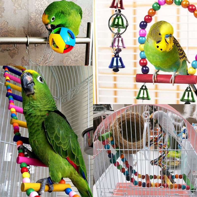 Hamiledyi Bird Parrot Swing Chewing Toy Set 15PCS Wooden Hanging Bell with Hammock Climbing Ladders Colorful Pet Birds Cage Toys for Small Parakeet Cockatiel Conures Finches Budgie Macaws Love Birds - PawsPlanet Australia