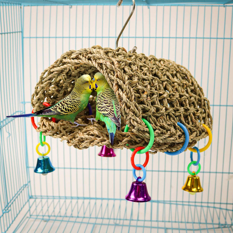 Bird Seagrass Hammock DIY Toys,Parrot Nest House Shed Hut Hanging Hammock Cage Tent Parakeet Perch Stand Climb Ladder Cage Toys for Conure Lovebird Budgie Cockatiel Finch Cockatoo H01 - PawsPlanet Australia