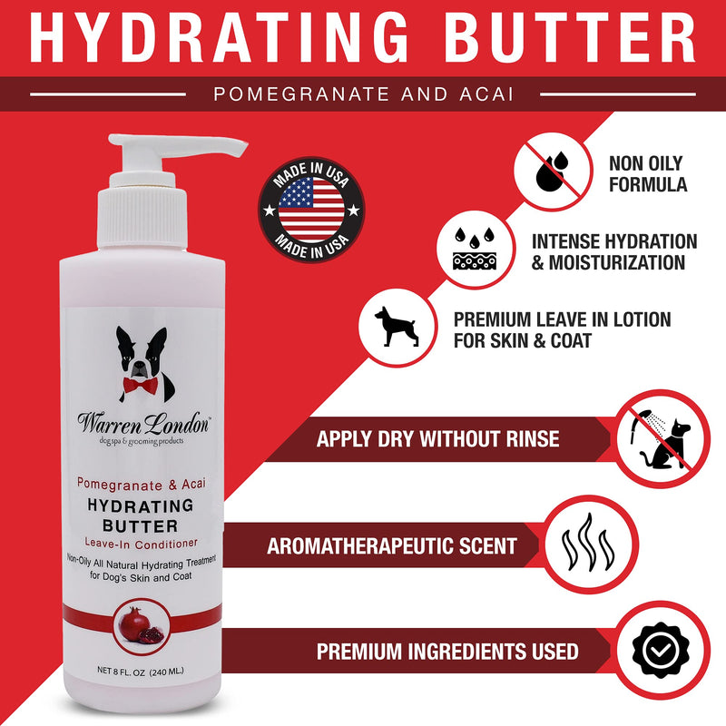 Warren London Hydrating Butter- Leave in Dog Conditioner for Dry Skin & Coat- Dog Balm for Paws and Nose- Made in USA Pomegranate and Acai 8 Fl Oz (Pack of 1) - PawsPlanet Australia