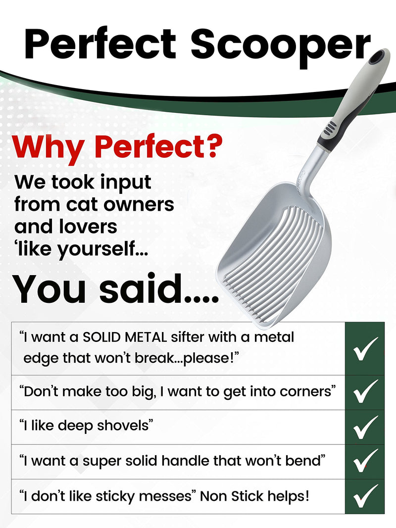 iPrimio Sifter with Deep Shovel - Designed by Cat Owners - Non Stick Plated, Solid Aluminum. Perfect Scooper with Holder. Solid Handle Patented. Silver Scooper Only - PawsPlanet Australia