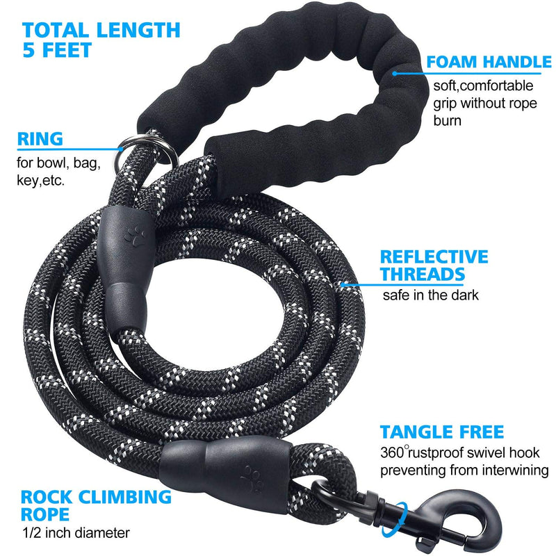 ladoogo Heavy Duty Dog Leash - Comfortable Padded Handle, 5 ft Long - Dog Leashes for Small Medium Large Dogs Leash+Bowl for dogs 18-120lbs Black - PawsPlanet Australia