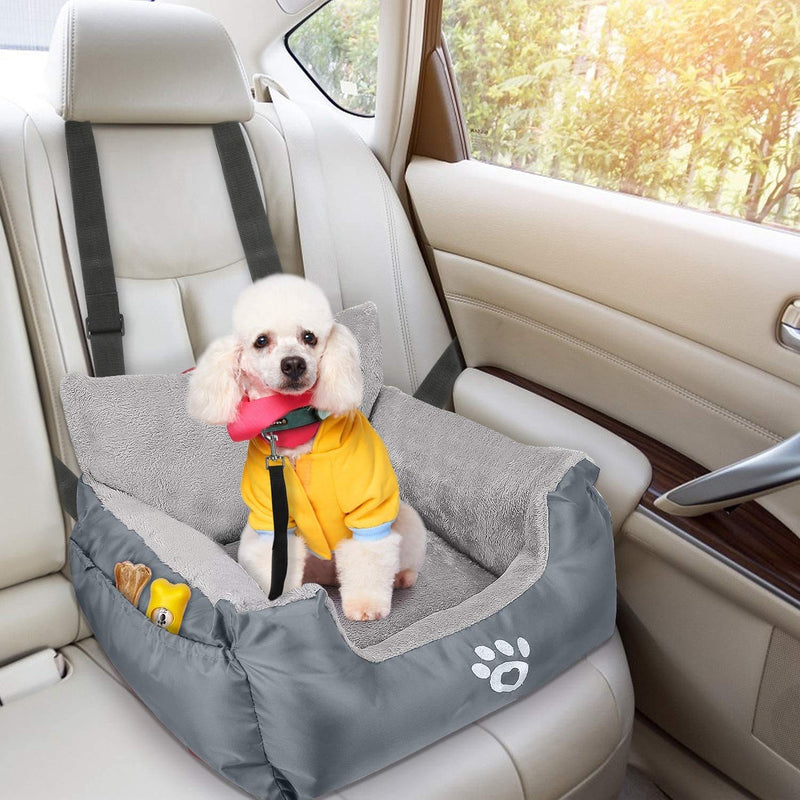 GoFirst Dog Car Seat for Small Dogs or Cats, Pet Booster Seat Travel Car Bed with Storage Pocket and Clip-On Safety Leash, Waterproof Warm Plush Dog Car Safety Seats,Grey Grey - PawsPlanet Australia