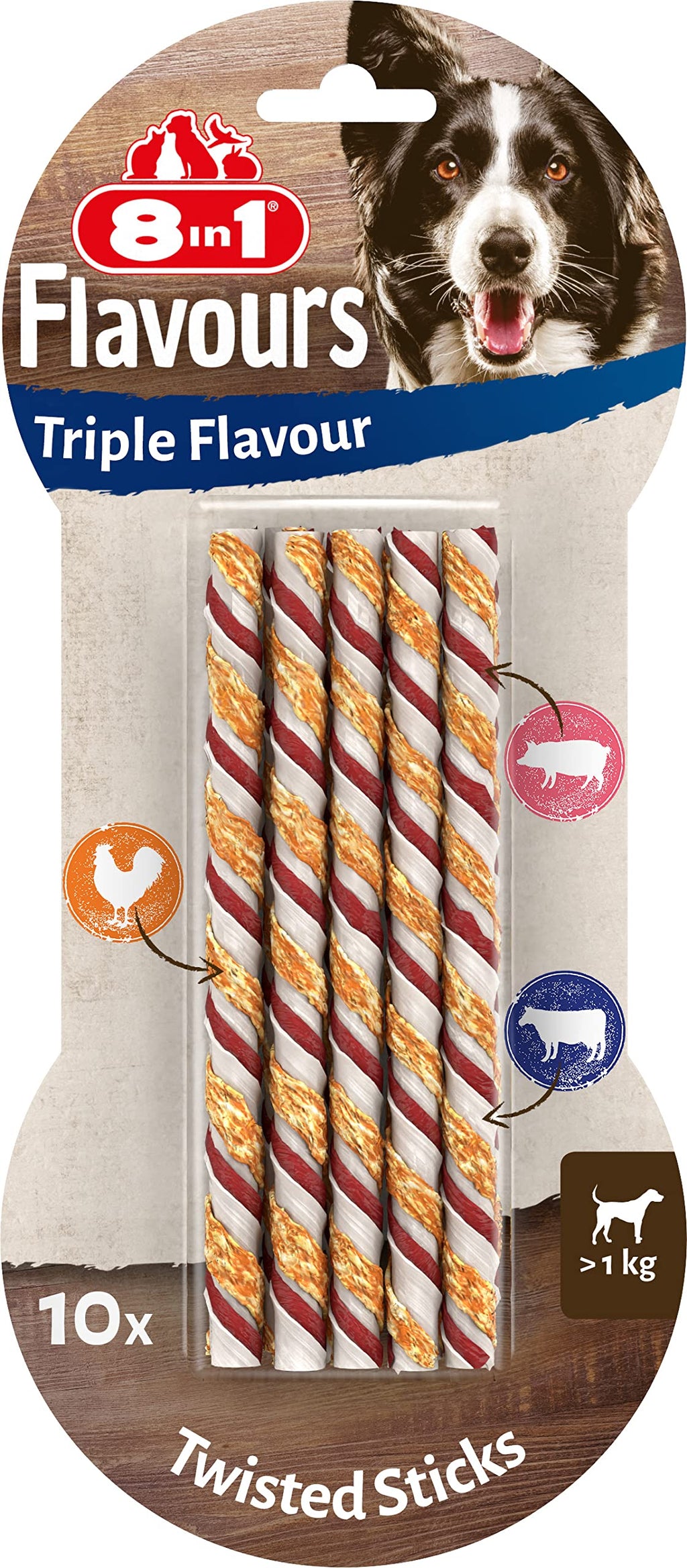 8in1 Triple Flavor Twisted Sticks - delicious chewing sticks with chicken fillet, pork and beef skin, 10 pieces (pack of 1) - PawsPlanet Australia