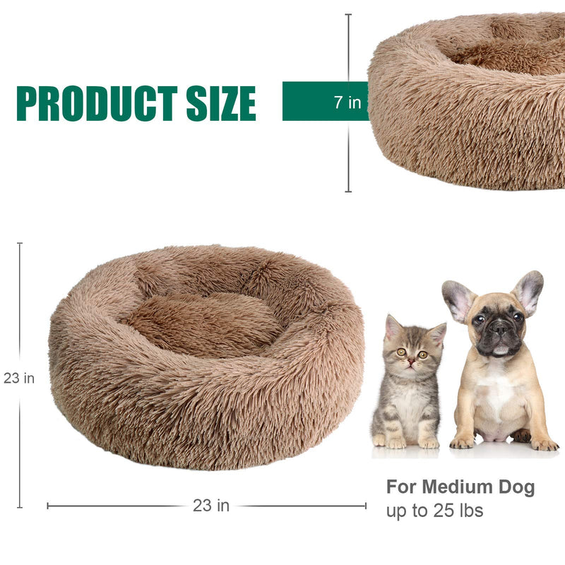 Calming Dog Bed Cat Bed,Washable Round Dog Bed - 23/30 inches Anti-Slip Faux Fur Donut Cuddler Cat Bed for Small Medium Large Dogs - Fits up to 25/45 lbs - Waterproof Bottom Small 23" x 23" Brown - PawsPlanet Australia