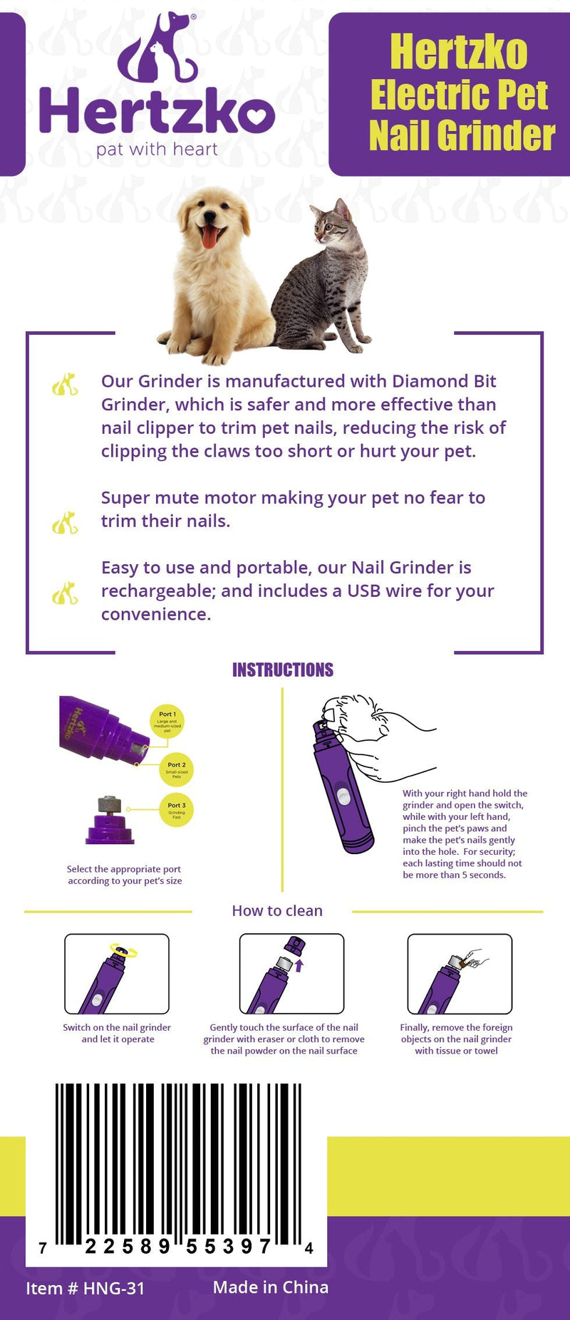 Hertzko Electric Dog Nail Grinder Painless Nail Tool for Puppies, Small Medium & Large Dogs & Cats - Cordless, Portable Dog Nail Trimmer, Clipper - Recharges with Included Micro USB Wire Purple - PawsPlanet Australia
