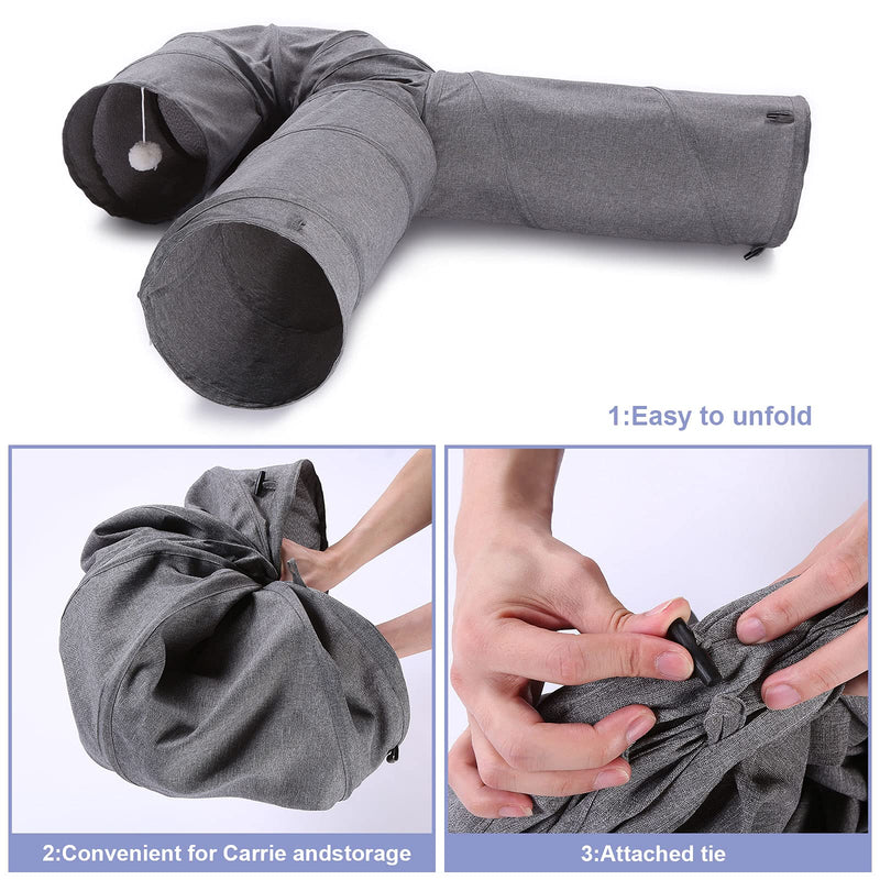 Ownpets Cat Tunnel Large 3 Way Collapsible Cloth Pet Tunnel Tube with Plush Ball & Feather Toy, U-Shaped Cat Play Tunnel for Indoor Cat, Puppy, Kitty, Kitten, Rabbit(Gray) - PawsPlanet Australia