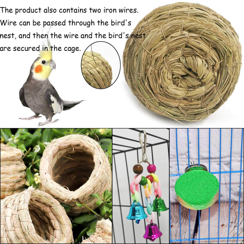 kathson Straw Bird Nest Natural Fiber Birdcage Birdhouse Parrot Hideaway Shelter Hut Parakeet Perch Hanging Bell Toys for Small Finch Canary Lovebird Resting Breeding Playing 6PCS - PawsPlanet Australia