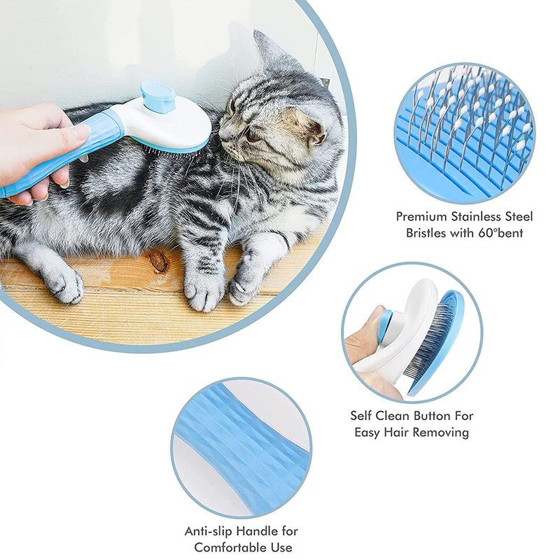 Dog Brush Cat Brush Grooming Comb,Self Cleaning Cat Dog Slicker Brushes with Smooth handle,Pet Grooming Tool with Cleaning Button for Cat Dog Shedding Tools Cat Dog Massage Clean Tangled Brush (Blue) Blue - PawsPlanet Australia