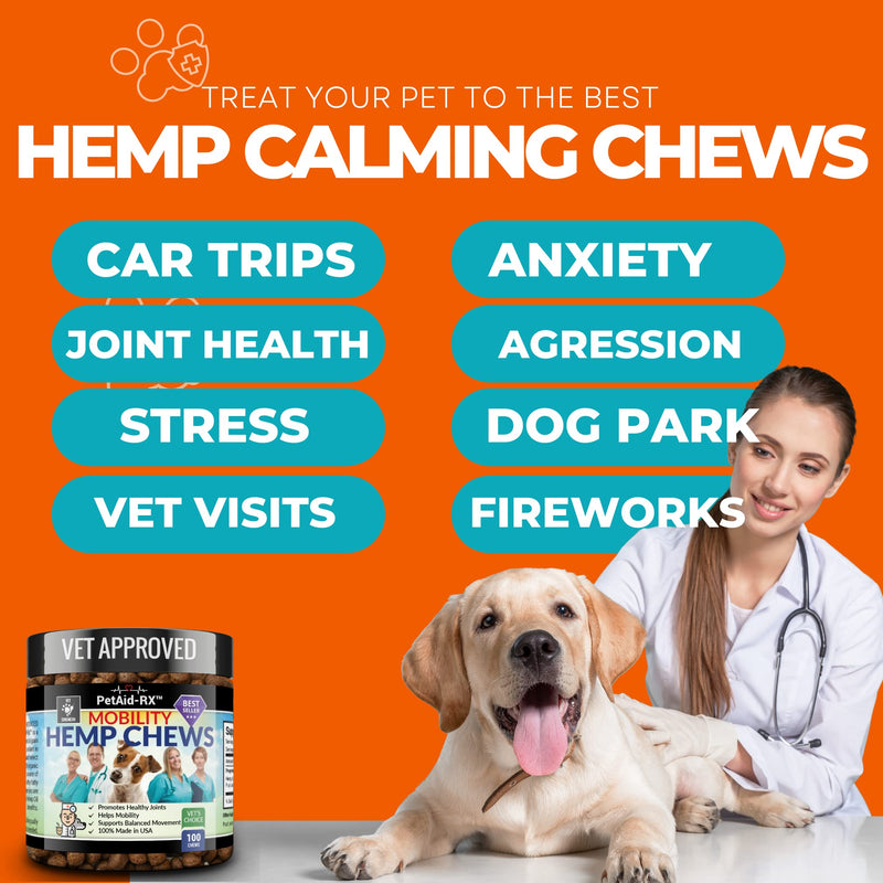 Extra Strength Hemp Mobility Treats for Dogs - More Hemp Per Treat - 100 Potent Hip and Joint Hemp Treats - Vet-Recommended - Strong Hemp, Glucosamine, MSM, Chondroitin - Fast Aid for Mobility, Pain - PawsPlanet Australia