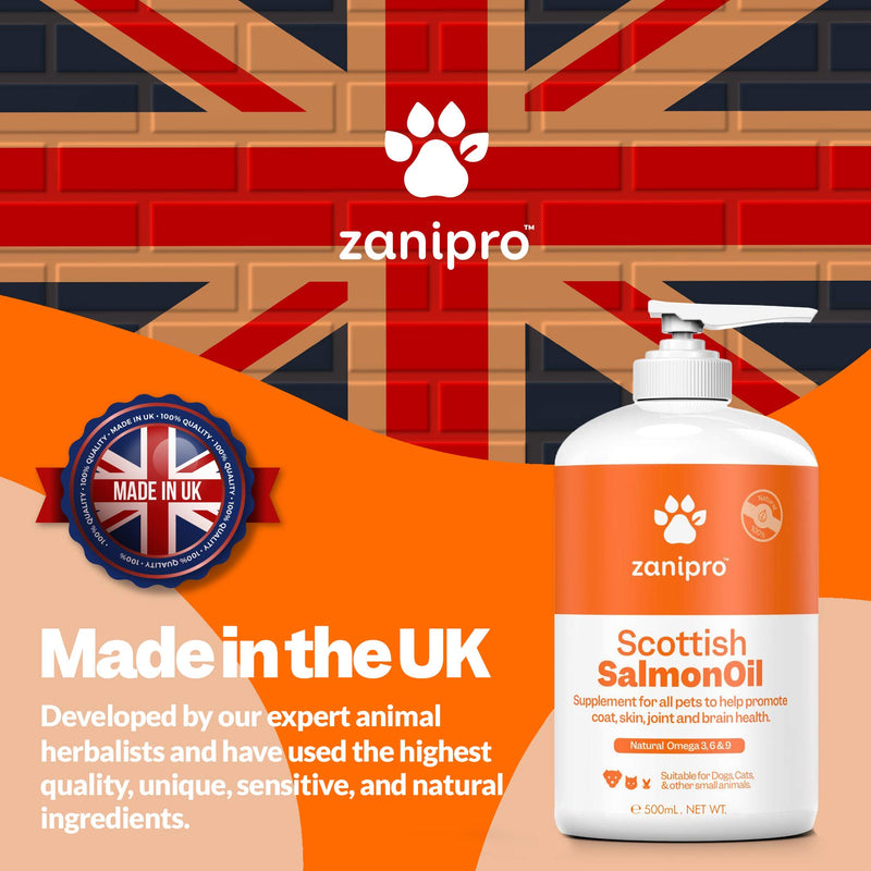 Zanipro Pure Scottish Salmon Oil for Dogs & Cats - UK Made - 100% Natural Omega 3, 6 and 9 Fish Oil Food Supplement - For Healthy Coat, Itchy Skin, Brain, Joint and Immunity (500 ml) - PawsPlanet Australia