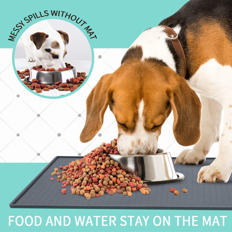Senmipy Silicone Dog Food Mat - Waterproof Dog Bowl Mats for Food and Water Bowls, Raised Edges Non-Slip Cat Food Mat, BPA Free Pet Mats for Dog Bowls Small: 18.5" x 11.5" Grey - PawsPlanet Australia