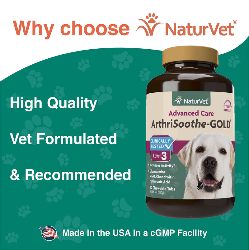 NaturVet Glucosamine for Dogs – Dog Supplement with Glucosamine, MSM, Chondroitin & Hyaluronic Acid – Soft Chews & Chewable Tablets ArthriSoothe-Gold Level 3 40 Chewable Tablets - PawsPlanet Australia