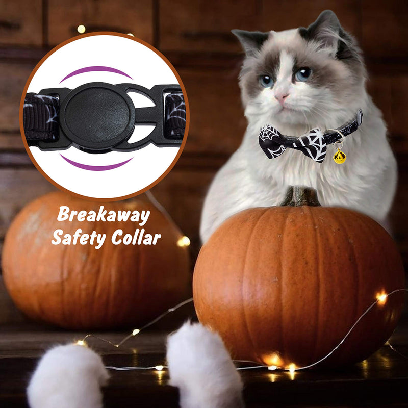 [Australia] - Halloween Cat Collar - Personalized Bow Tie Cute Collars with Bell, Bat & Spider Web Pattern Soft Nylon Collars, Adjustable Breakaway Safety for Small, Medium, Large Cats(Black&Blue) 