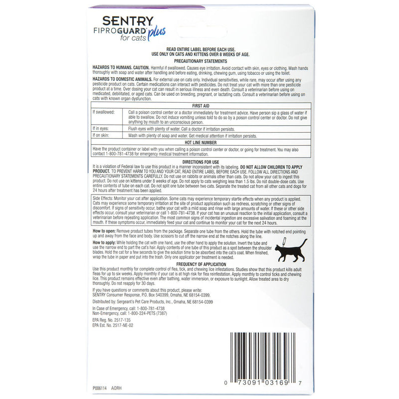 SENTRY Fiproguard Plus Flea and Tick Topical for Cats, 1.5 lbs and Over, 6 Month Supply - PawsPlanet Australia