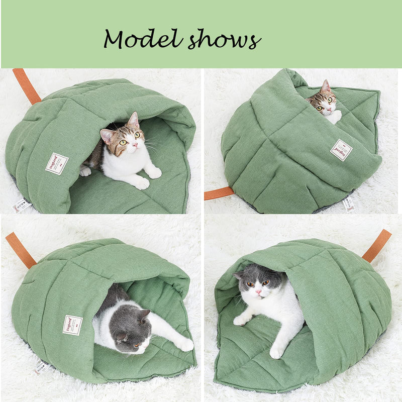 Cat Cozy Bed, Pet House Leaf Design for Small Dogs Cats, Kitten Sleeping Cave Bedding, Soft Self Warming Puppy Bag Blanket, Anti-Slip Bottom Mat All Season Indoor, Machine Washable Cute Kitty Cushion - PawsPlanet Australia