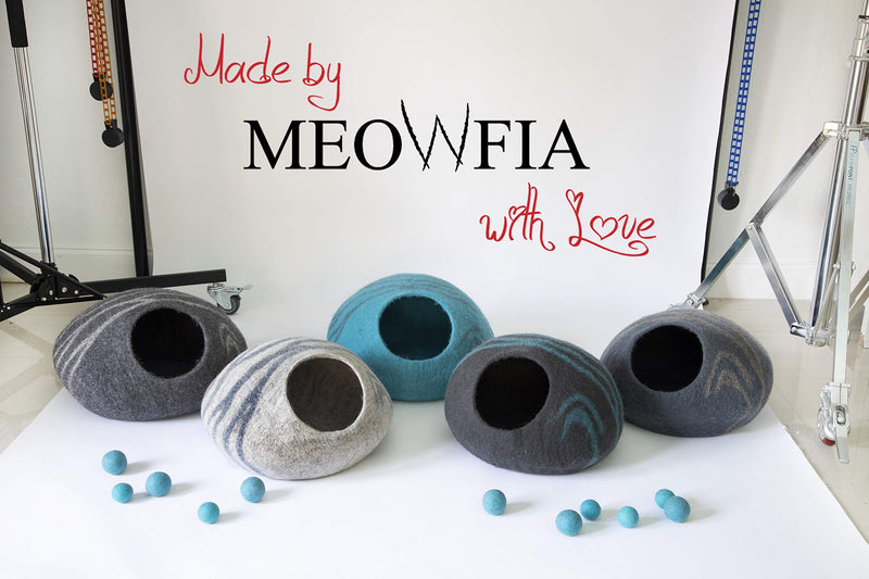 MEOWFIA Premium Cat Bed Cave (Large) - Eco Friendly 100% Merino Wool Beds for Cats and Kittens Asphalt/Aquamarine - PawsPlanet Australia