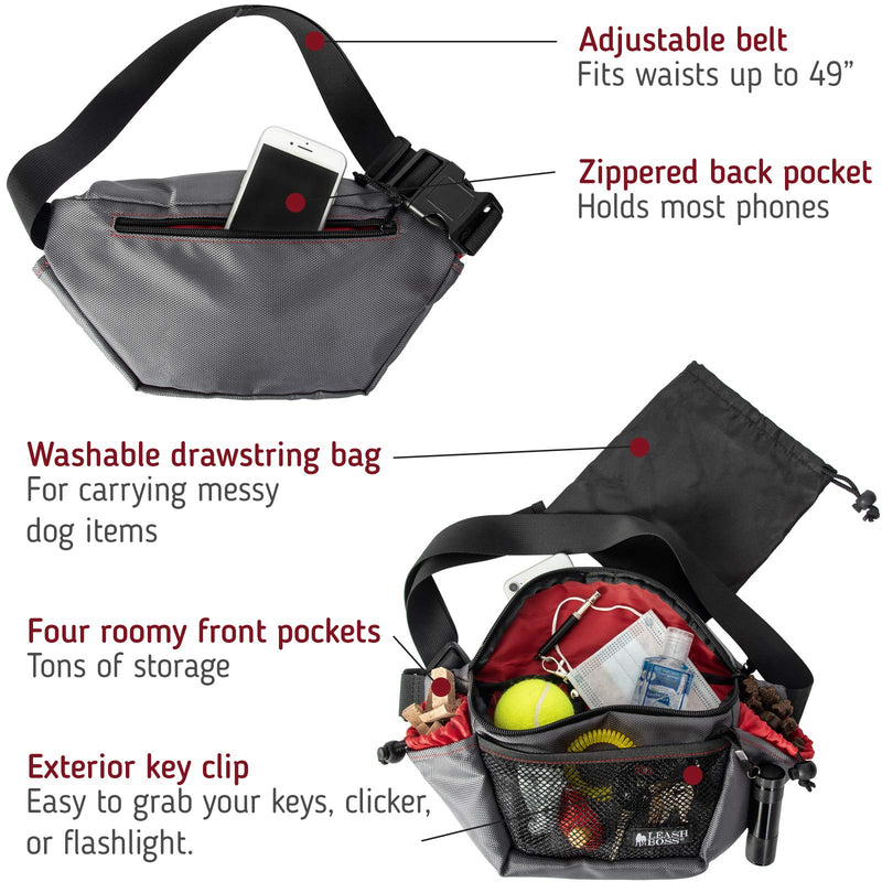 Leashboss Trainer Pack, XL Dog Walking Fanny Pack with 2 Training Treat Pouches, Large 3L Capacity Storage Waist Bag with Built in Waste Bag Dispenser Gray - PawsPlanet Australia