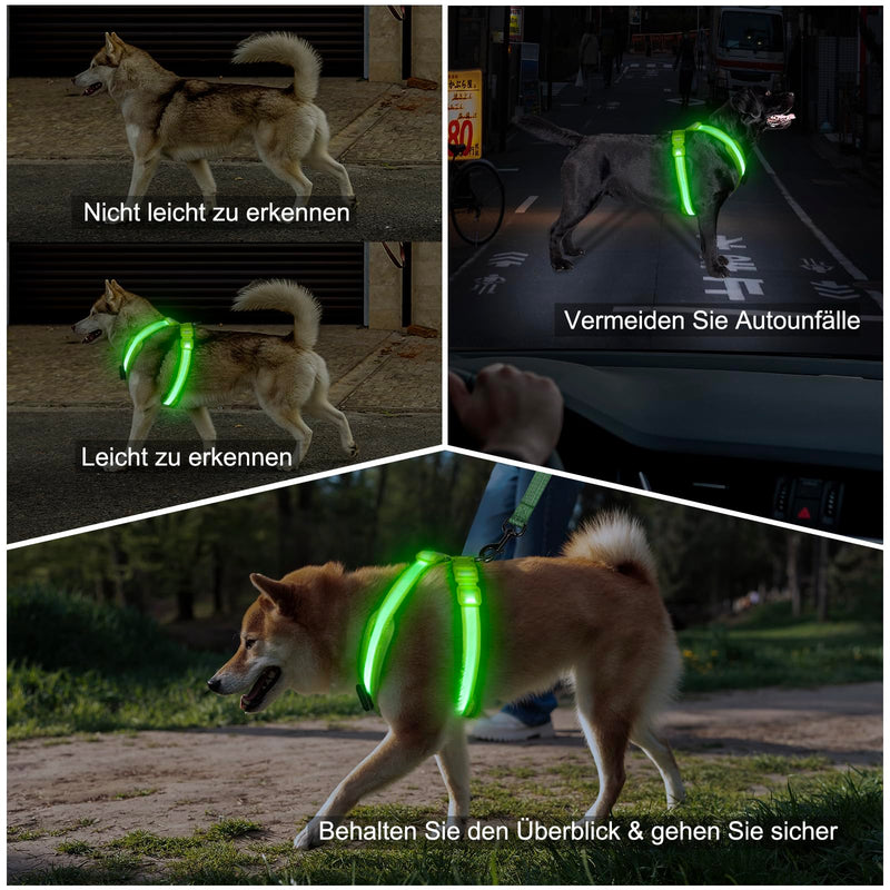 KOSKILL LED Dog Harness Rechargeable Illuminated Dog Harness Glows in the Dark LED Dog Vest Reflective Dog Lights for Night Walks (Green, M) Green - PawsPlanet Australia