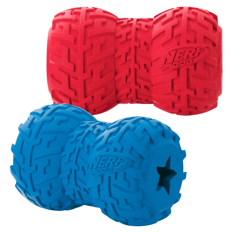 Nerf Dog Tire Feeder Dog Toy, Lightweight, Durable and Water Resistant, 4 Inches, For Medium/Large Breeds, Two Pack, Blue and Red - PawsPlanet Australia