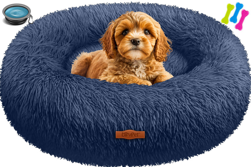 Lovpet® dog bed, dog cushion, cat bed, bagel, washable, includes bowl + 3 x chewing bones, dog sofa, fluffy round cushion made of plush for small, medium and large dogs, cats [M, Ø 50cm navy blue] Ø 50 cm outer diameter (M) - PawsPlanet Australia
