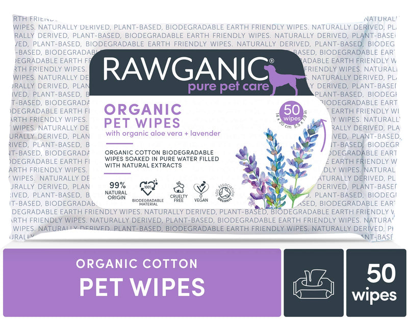 RAWGANIC Organic Pet Wipes | Gentle Natural, Premium Biodegradable Organic Cotton dog, cat and small animal wipes | with Aloe Vera & Lavender | 1 Pack (50 wipes in total) - PawsPlanet Australia