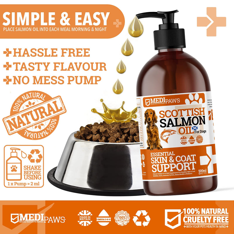 MediPaws® Scottish Salmon Oil For Dogs 500ml | Supports Dog Skin And Coat, Dog Itchy Skin & A Moulting Dog | Omega 3 Fish Oil | Perfect For Dog Grooming & Dog Food 500 ml (Pack of 1) - PawsPlanet Australia