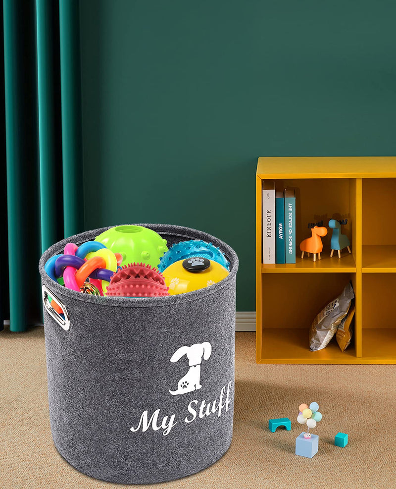 Morezi Round felt pet toy storage, dog toy bin, basket chest organizer with metal handles - perfect for organizing pet toys, blankets, leashes and food - Grey - PawsPlanet Australia