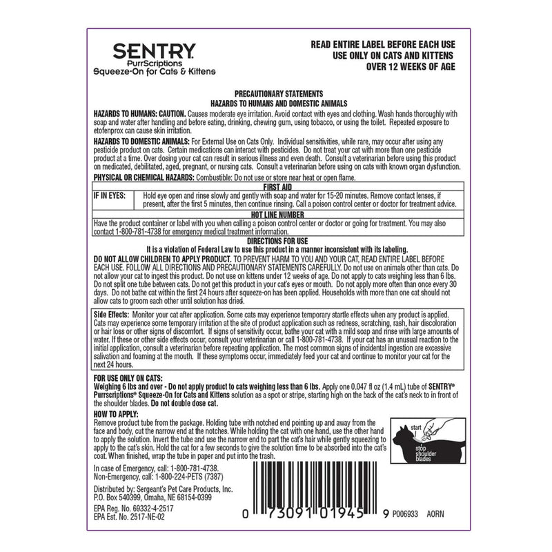 [Australia] - Sentry PurrScriptions Flea and Tick Squeeze-On Cat Over 5 