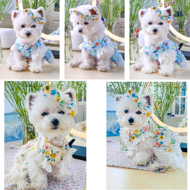 ABRRLO 2 Pack Dog Dress for Small Dogs Girl Summer Pet Clothes Cute Floral Lace Puppy Cat Princess Dress X-Small (Chest:9.45''-11.02'') Blue+White - PawsPlanet Australia